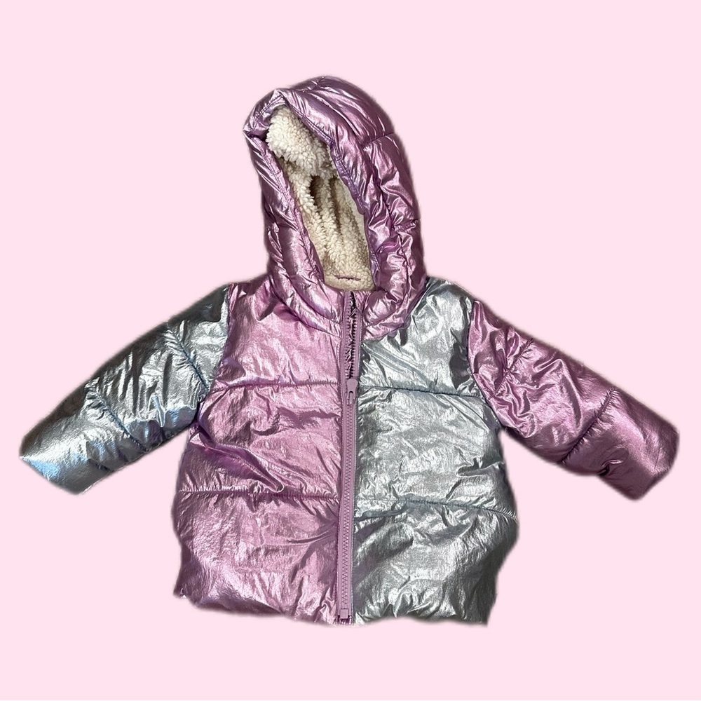 GAP Metallic Pink and Silver Puffer Jacket with Hood